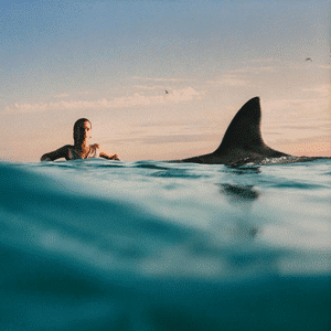 Album cover showing a woman swimming in water with a shark fin